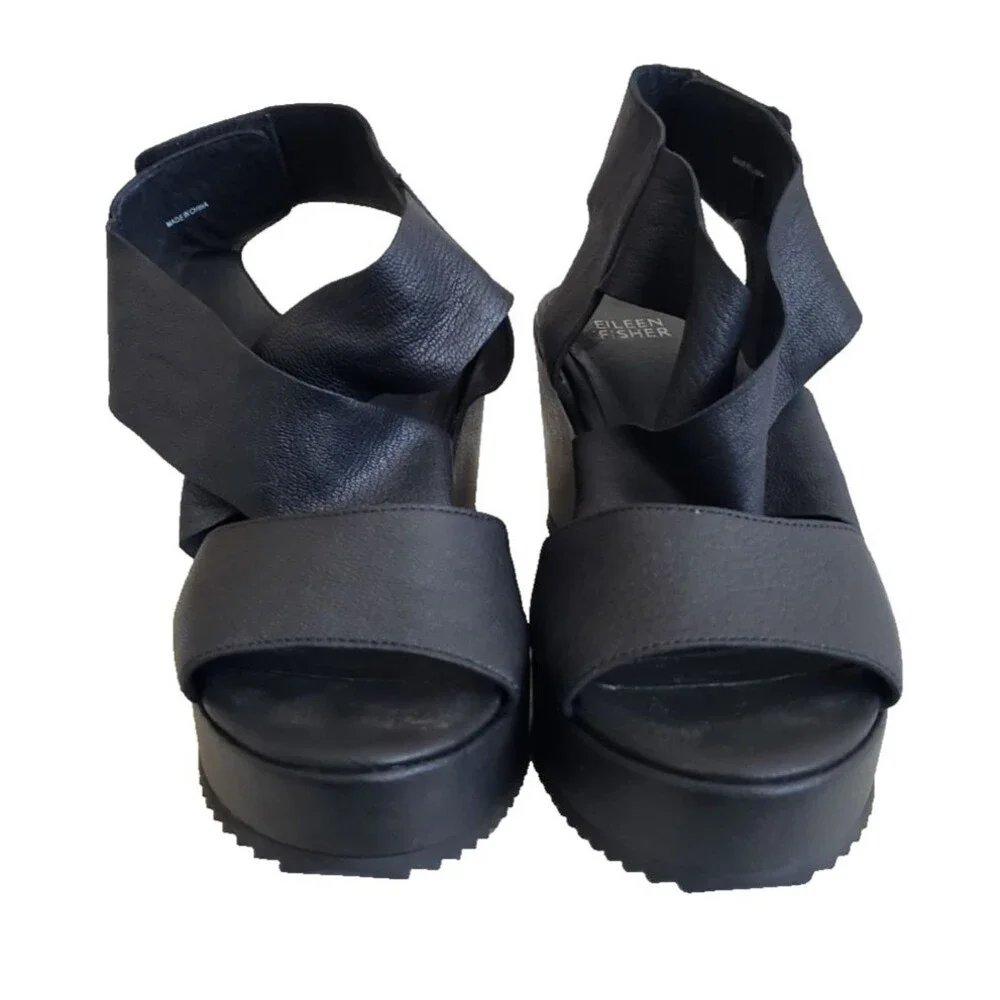 Eileen Fisher Whimsy Sandals Black Leather Almond Open Toe Platform Wedge Sz 8.5